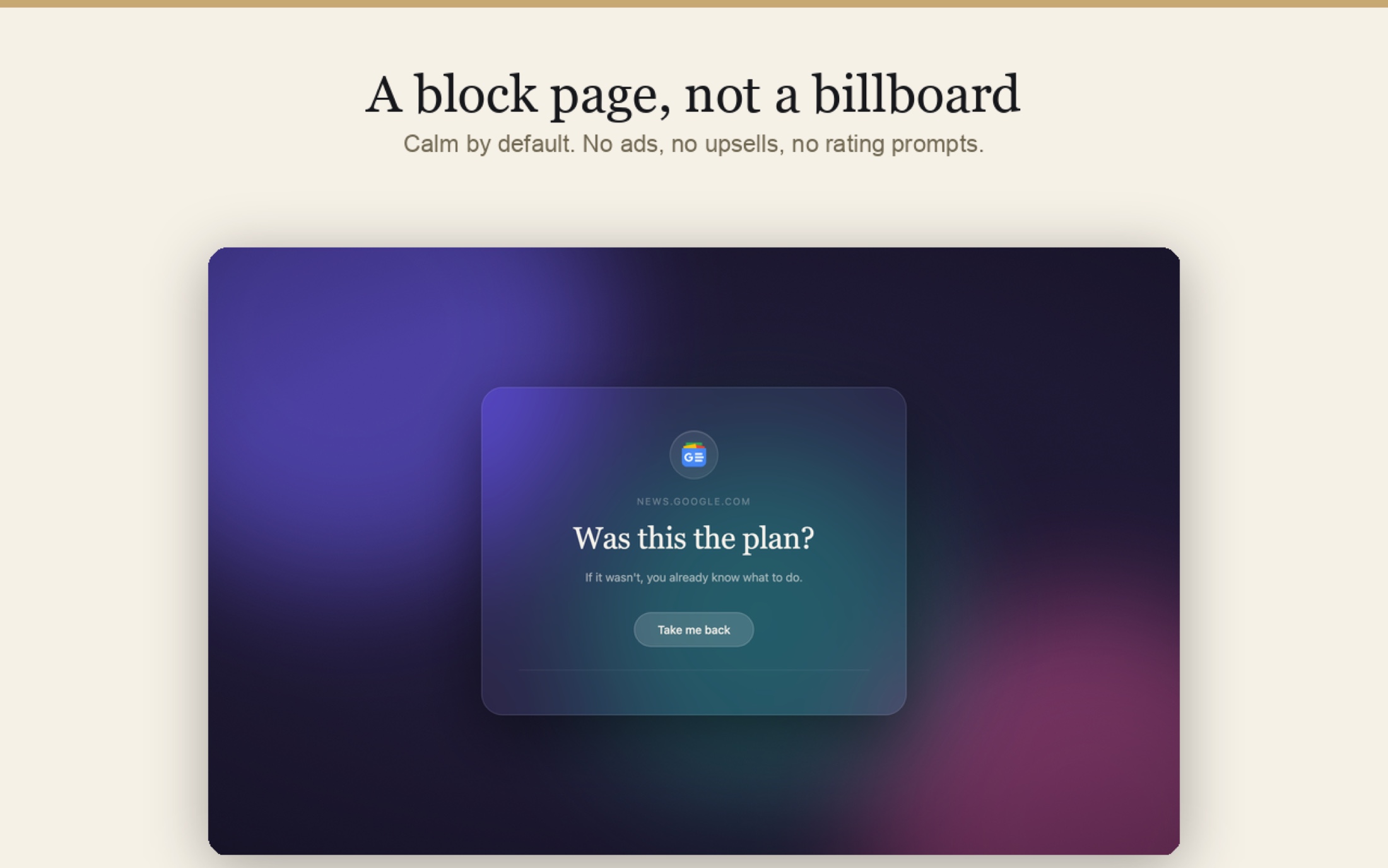 The Quietsite block page over the dusk mood: a quiet card reading Was this the plan, with a Take me back button