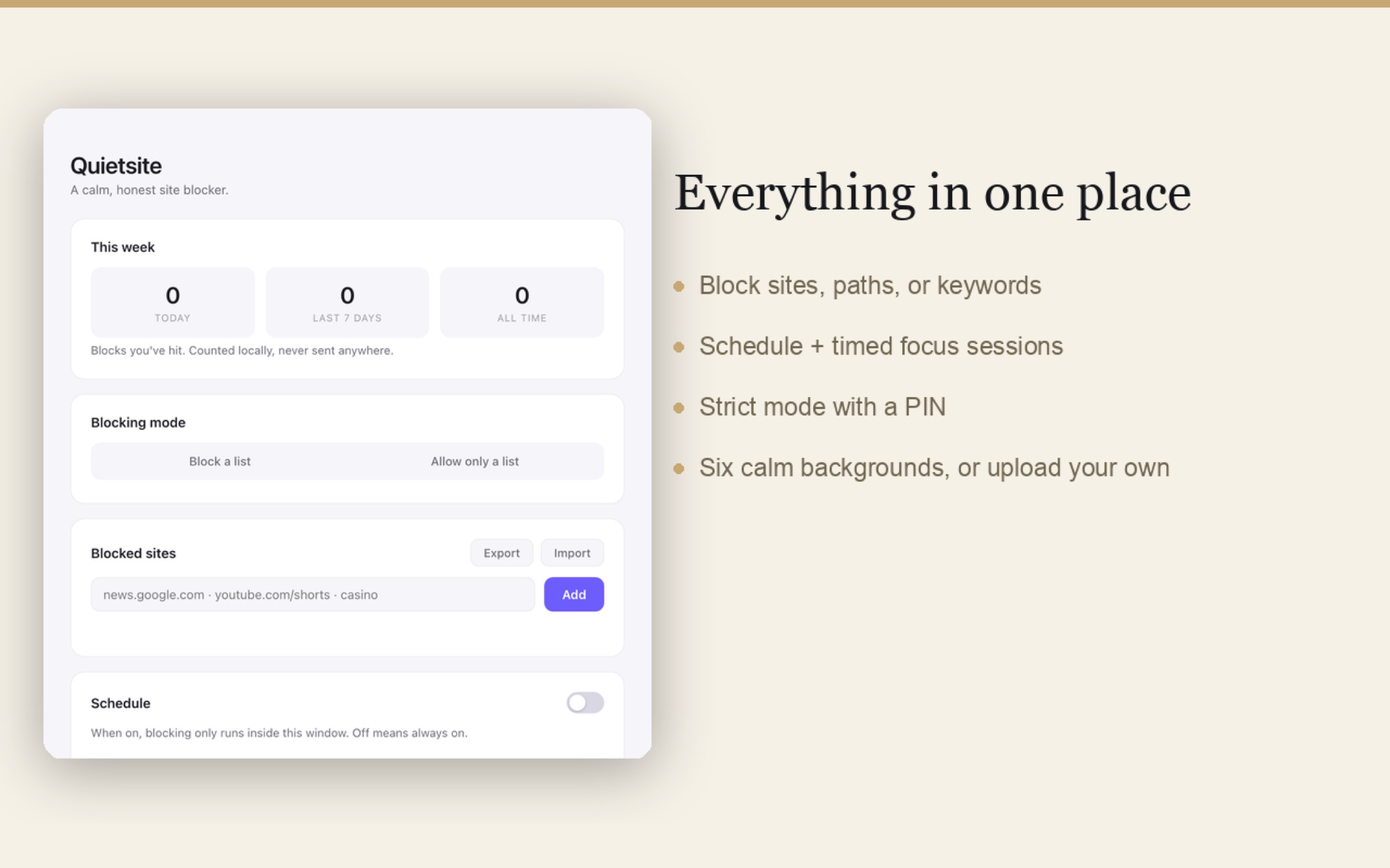 Quietsite settings: weekly block counts, blocking mode, the blocked sites list, and the schedule
