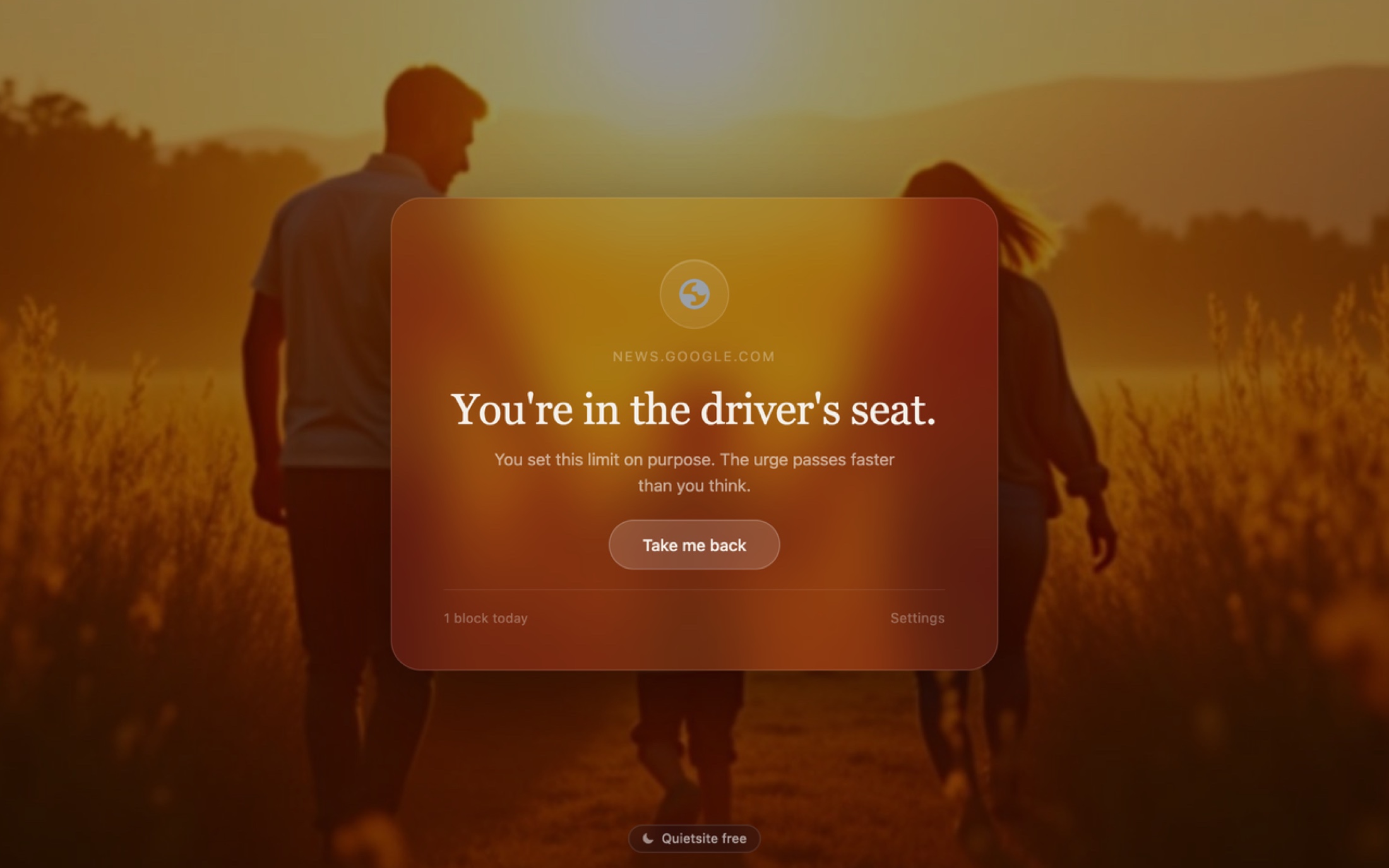 A custom Quietsite block page over a golden-hour family photo, reading You're in the driver's seat
